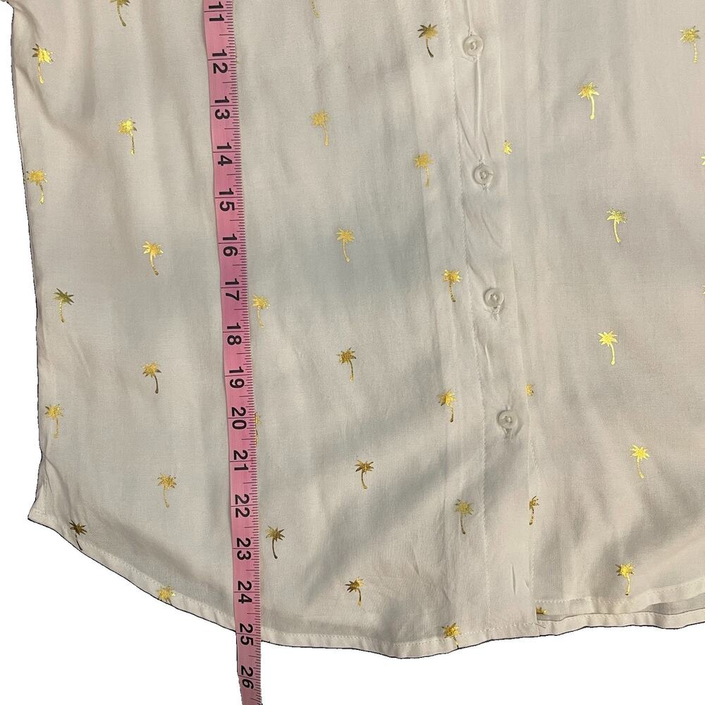 Alex & Jordan White Gold Palm Tree Collared Button-Up Cap Sleeve Blouse M - Picture 8 of 10